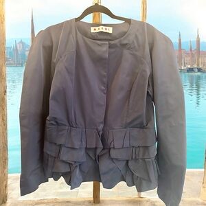 MARNI DESIGNER PEBLUM JACKET-NAVY WITH RUFFLED LAYERS SIZE 10-12 W